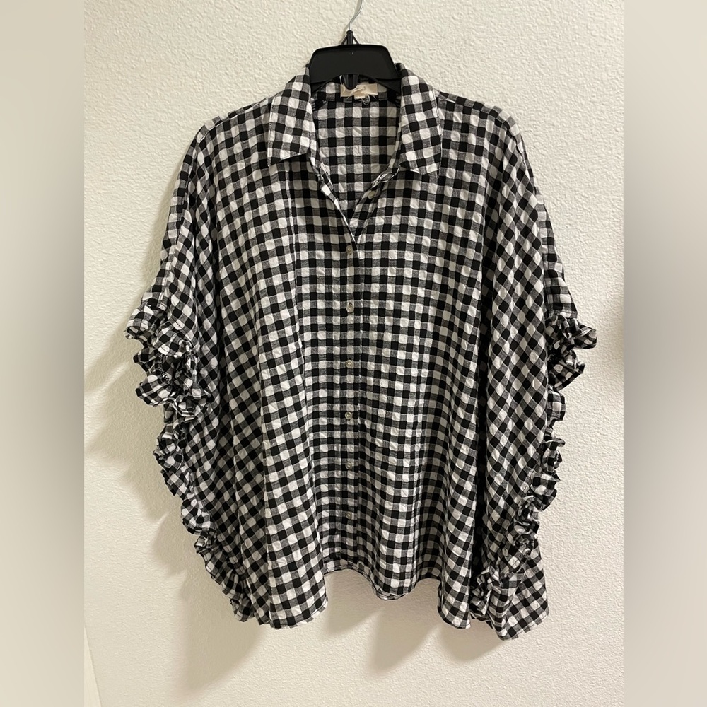 Black and White Gingham Ruffle Sleeve flowy Blouse